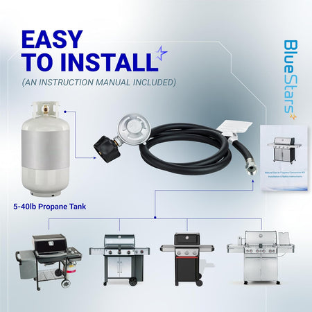 Natural Gas to Propane Conversion Kit for Weber Genesis showing propane tank, regulator hose, instruction manual, and grills