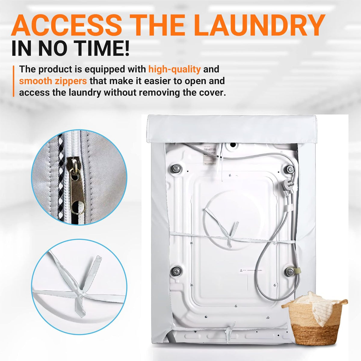 Close-up of silver top-load washing machine cover featuring smooth zippers and tie-down straps for easy access.