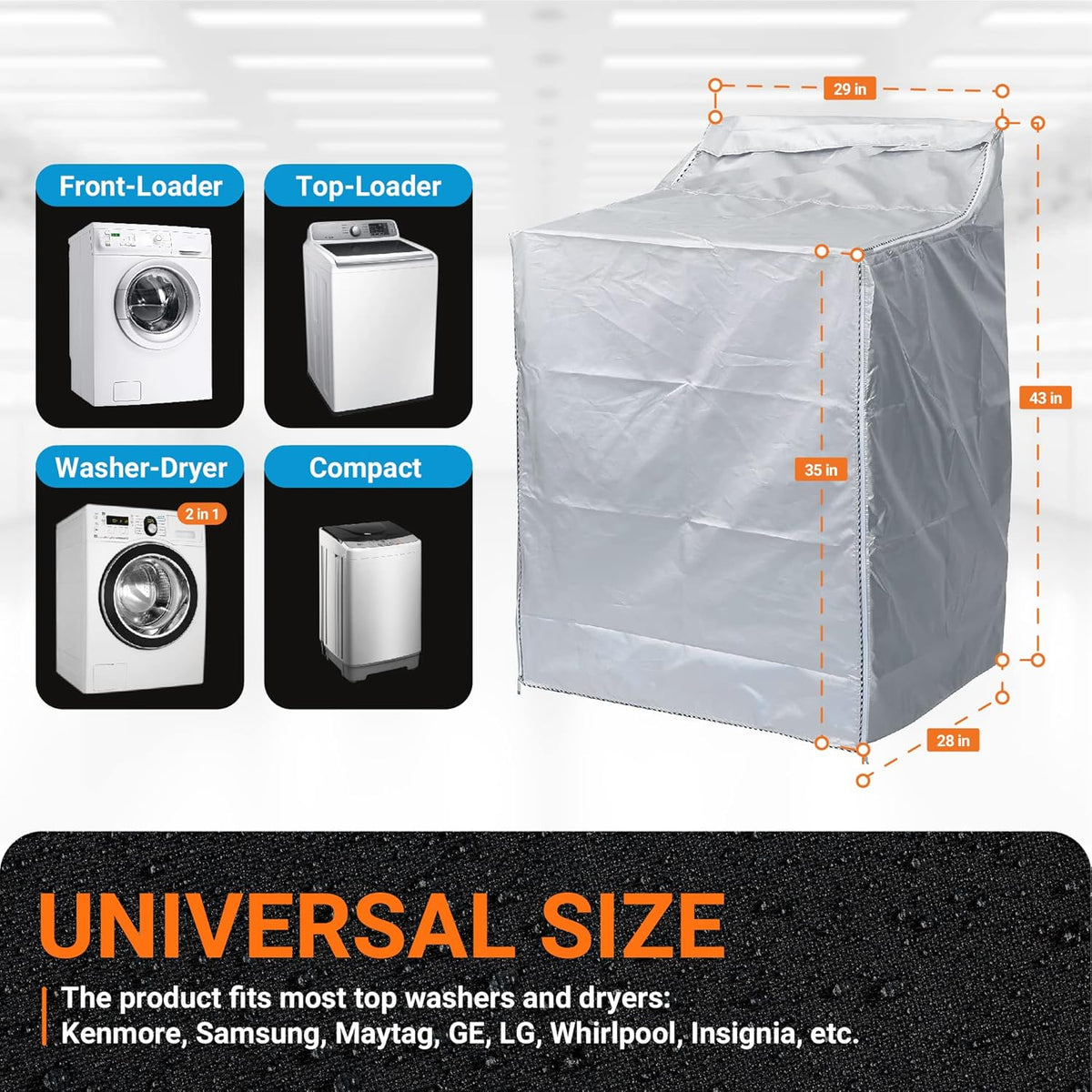 Silver outdoor washing machine cover with dimension labels and compatibility guide for various washer and dryer types.