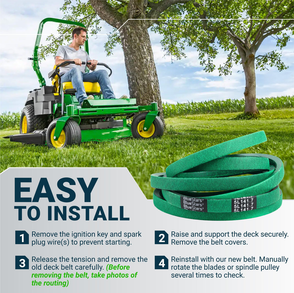 Green TCU13198 replacement mower deck belt with installation instructions for zero-turn lawn mowers.