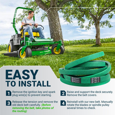 Green TCU13198 replacement mower deck belt with installation instructions for zero-turn lawn mowers.