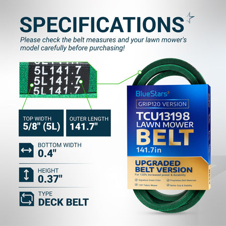 BlueStars TCU13198 lawn mower deck belt specifications chart showing dimensions and 5L141.7 part number.