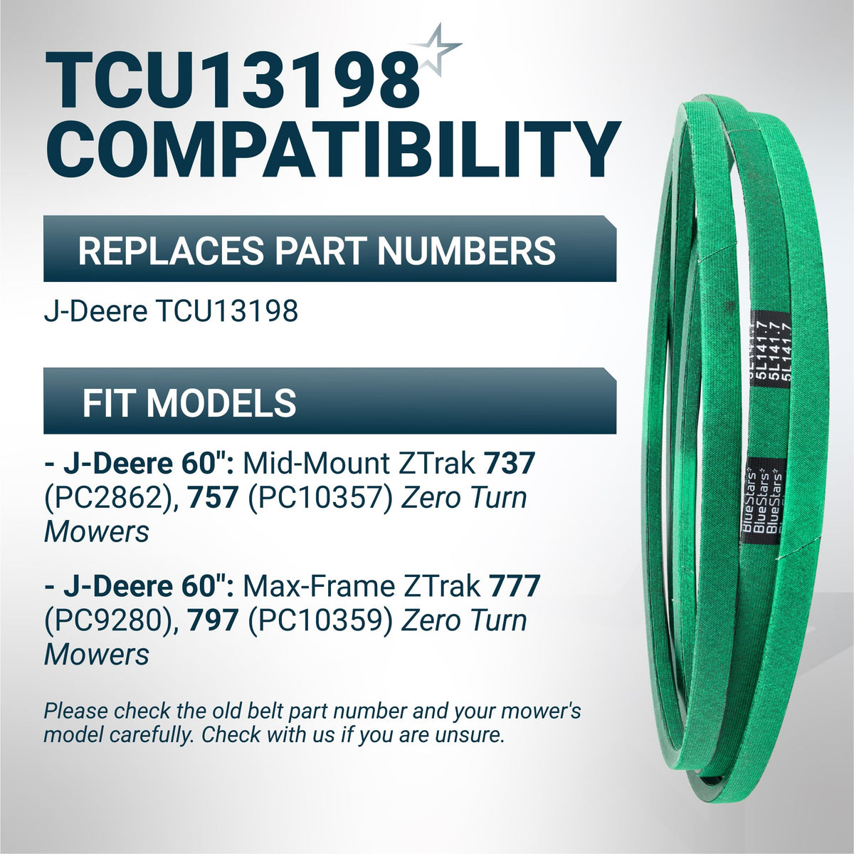 Green replacement mower deck belt for John Deere TCU13198 compatible with ZTrak 737, 757, 777, and 797 zero turn mowers.