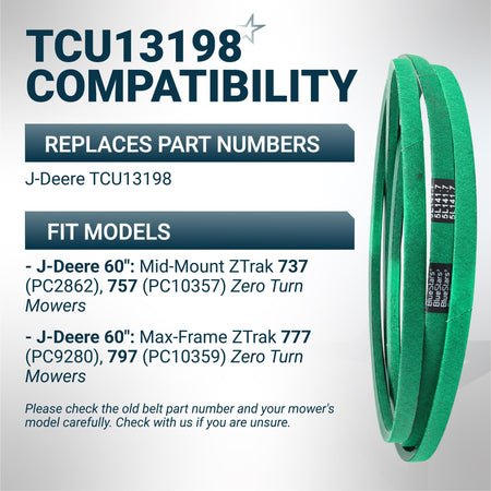 Green replacement mower deck belt for John Deere TCU13198 compatible with ZTrak 737, 757, 777, and 797 zero turn mowers.