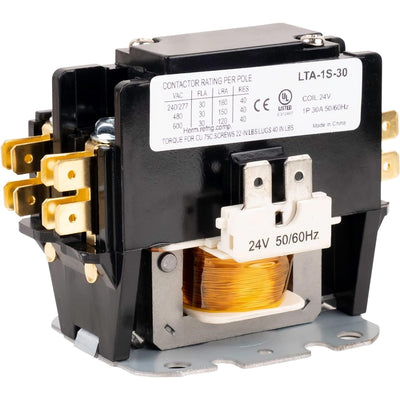 C130A 1-pole 30 amp contactor with 24VAC coil showing electrical rating label and copper winding.