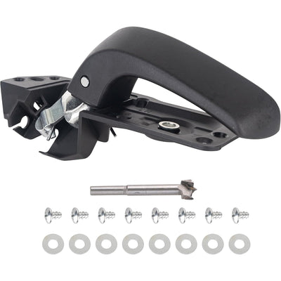 Driver side interior door handle with installation hardware, drill bit, screws, and washers.