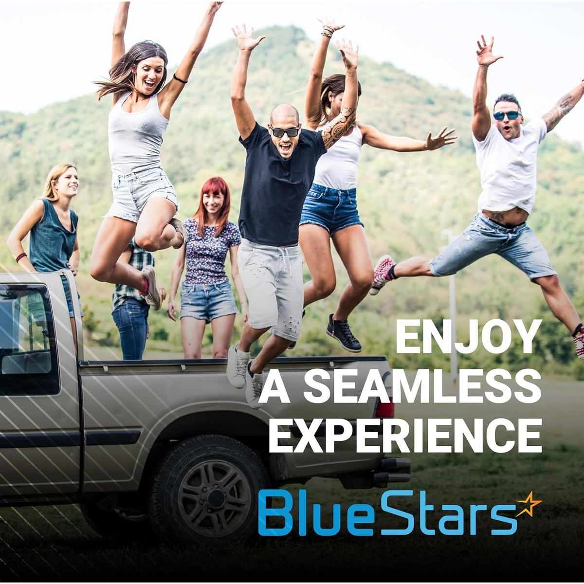 BlueStars promotional graphic featuring a group of friends jumping near a pickup truck.