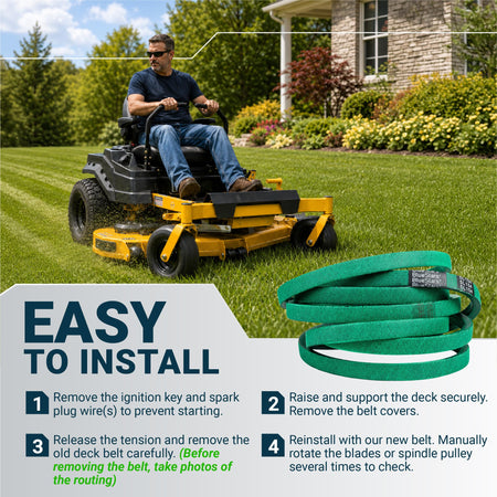 Instructional graphic showing a zero-turn mower and a green replacement deck belt with easy installation steps.