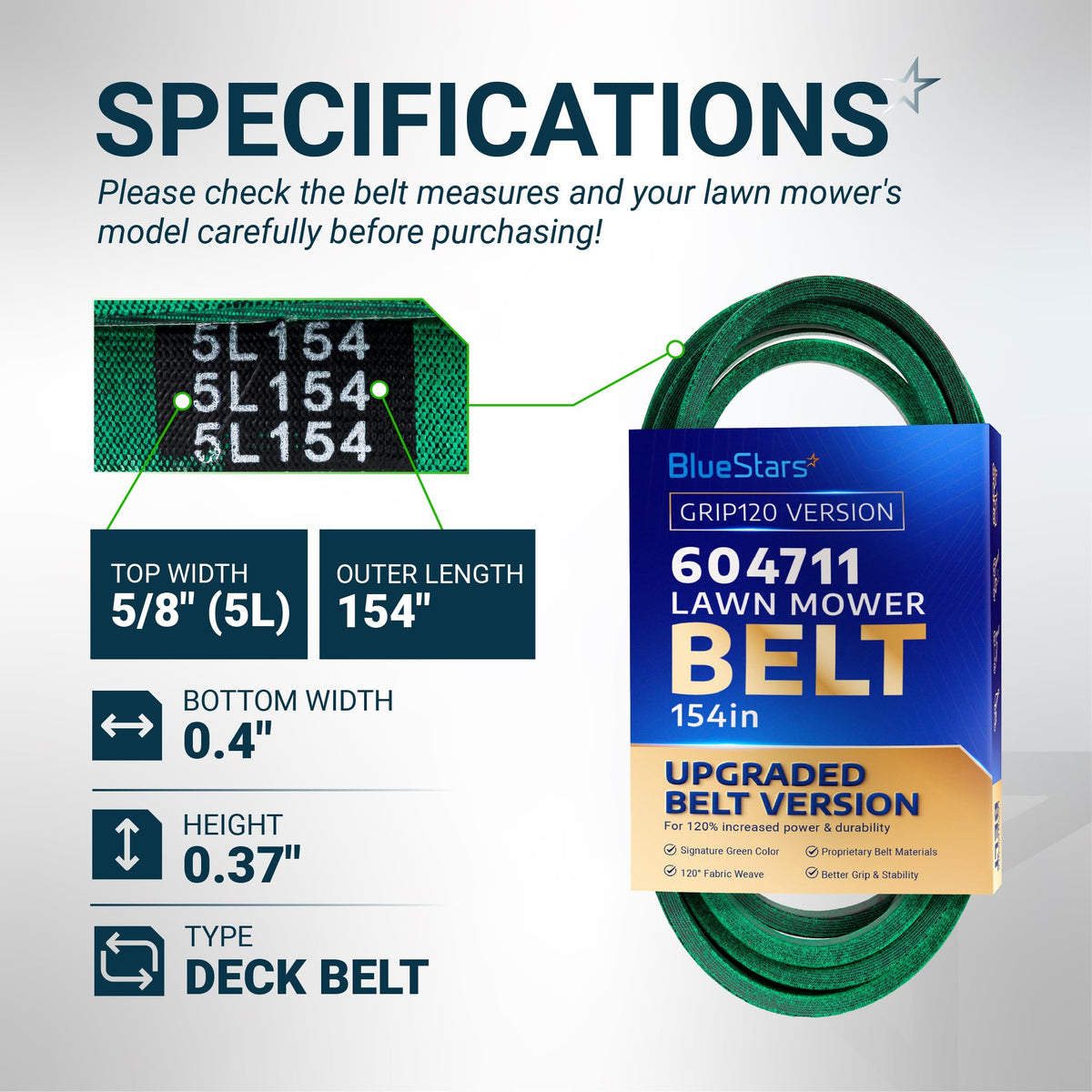 BlueStars 604711 lawn mower deck belt specifications chart showing 5/8 inch width and 154 inch length.