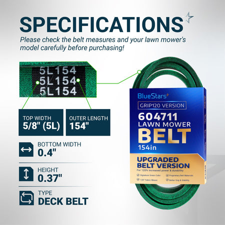 BlueStars 604711 lawn mower deck belt specifications chart showing 5/8 inch width and 154 inch length.