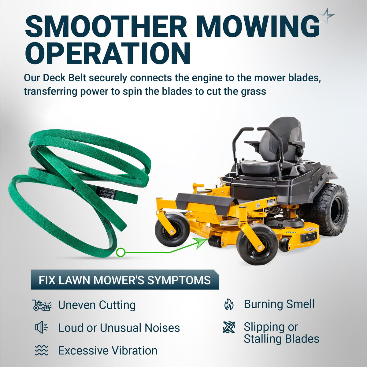 Green deck belt for zero-turn lawn mower showing installation point and common repair symptoms.