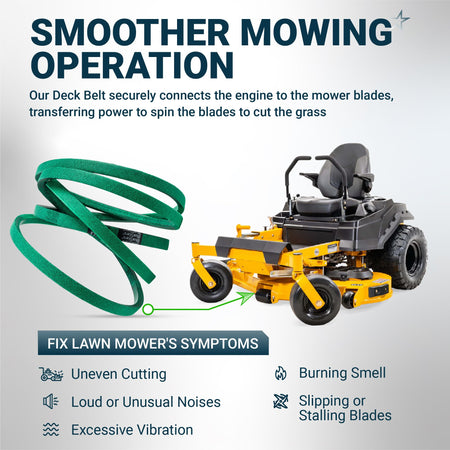 Green deck belt for zero-turn lawn mower showing installation point and common repair symptoms.