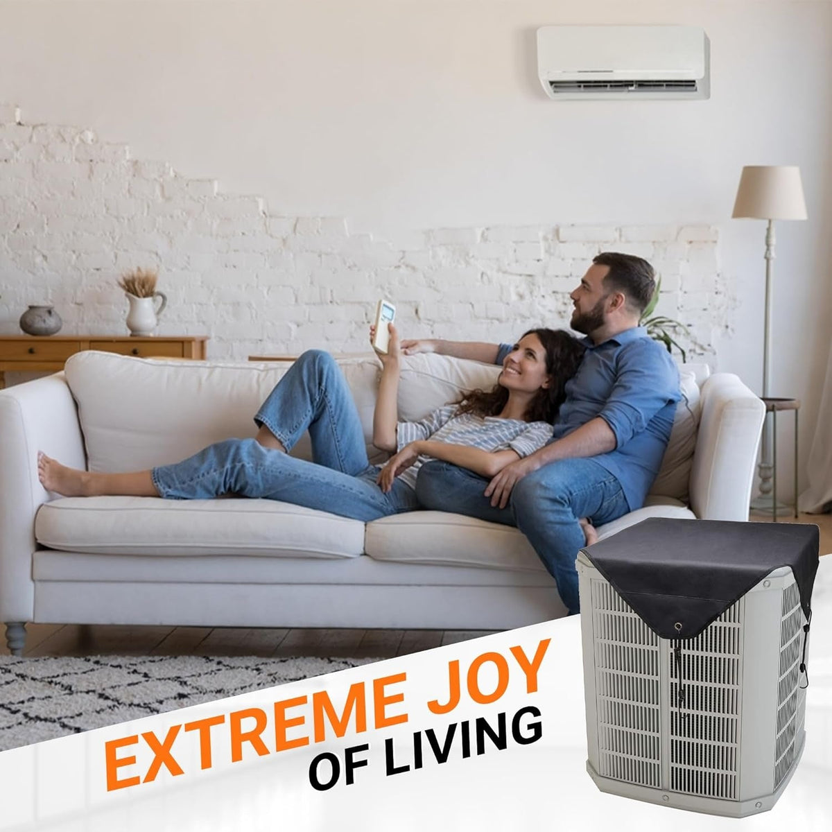 Lifestyle image showing a 32x32 inch central air conditioner cover installed on an outdoor unit.