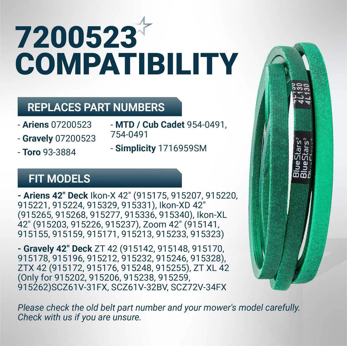 Replacement mower deck belt 7200523 compatibility chart for Ariens, Gravely, MTD, and Toro lawn mowers.