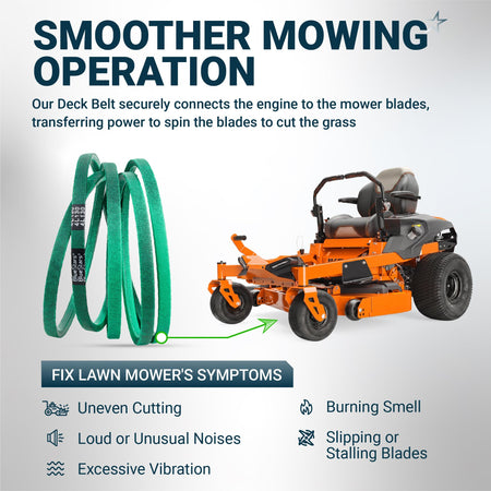 Green lawn mower deck belt shown with a zero-turn mower to illustrate power transfer and common repair symptoms.