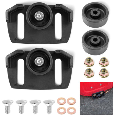 Universal snow blower rolling skid shoes kit with wheels, mounting hardware, and installation example.