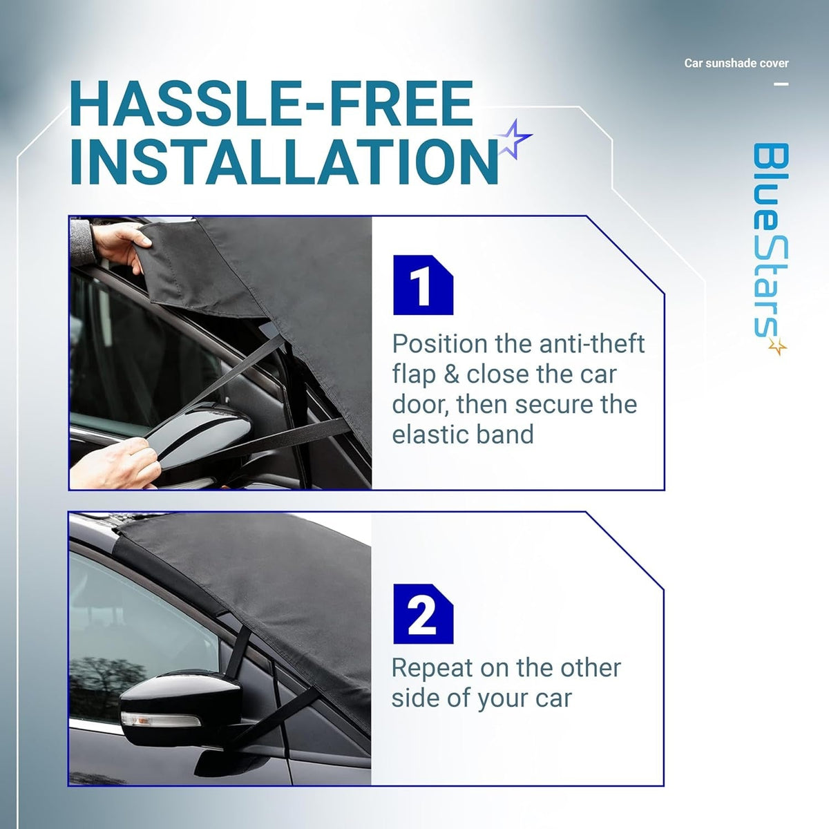 Installation guide showing how to secure the windshield cover anti-theft flap and elastic band to the car door.