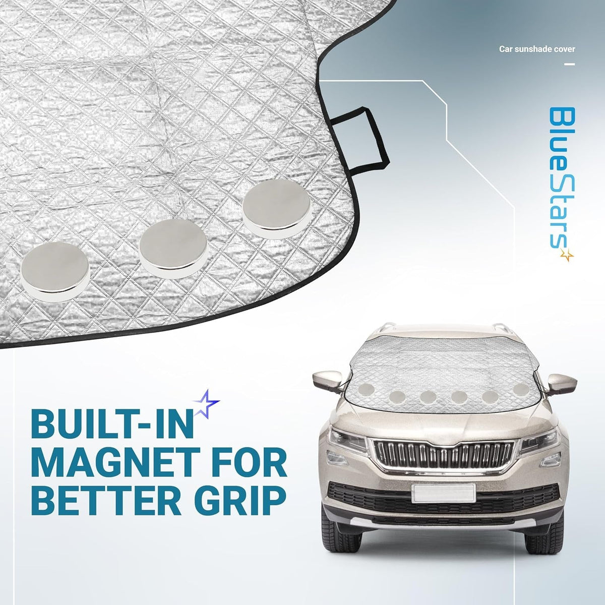 Large windshield cover for ice and snow featuring built-in magnets for secure attachment to car hood.