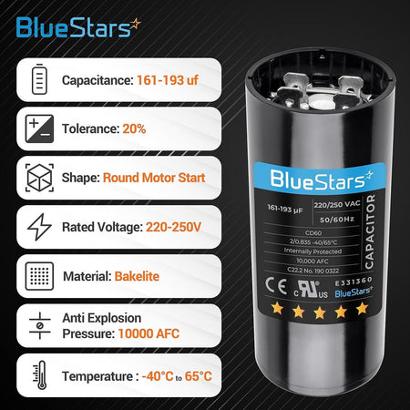 BlueStars 161-193 uF 220-250 VAC round motor start capacitor with technical specification infographic.