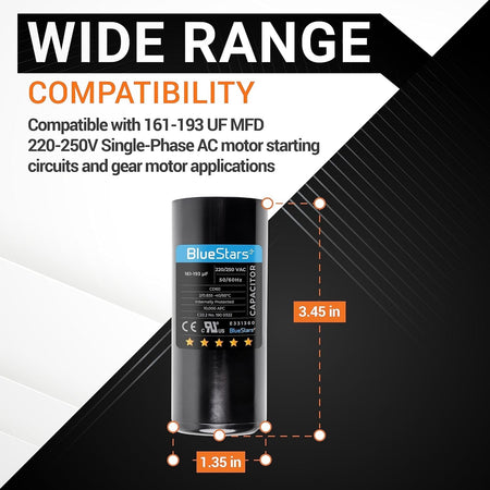 Round start capacitor 161-193 uF 220-250 VAC with 3.45 inch height and 1.35 inch diameter dimensions.