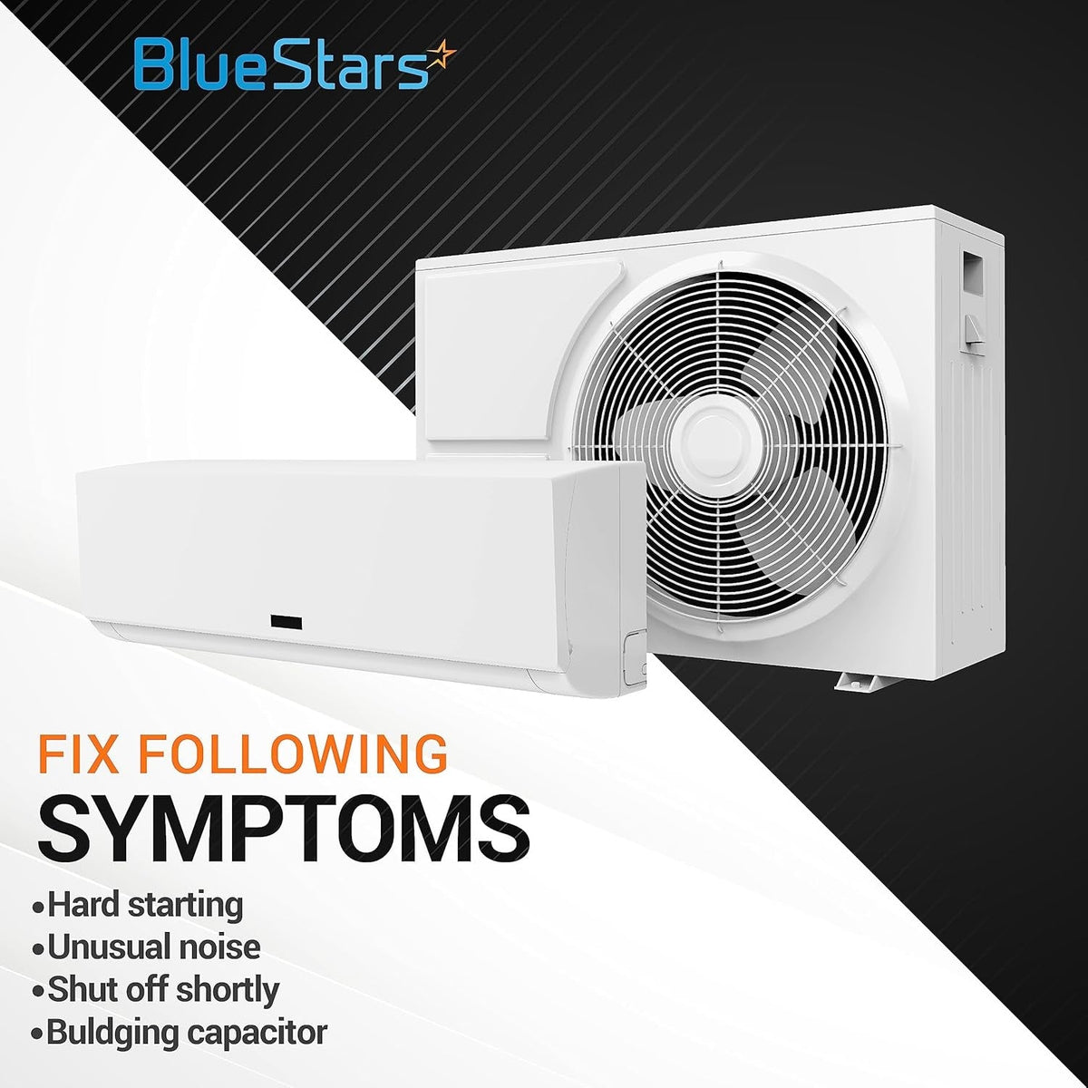 Air conditioner unit illustrating symptoms fixed by a universal start capacitor.