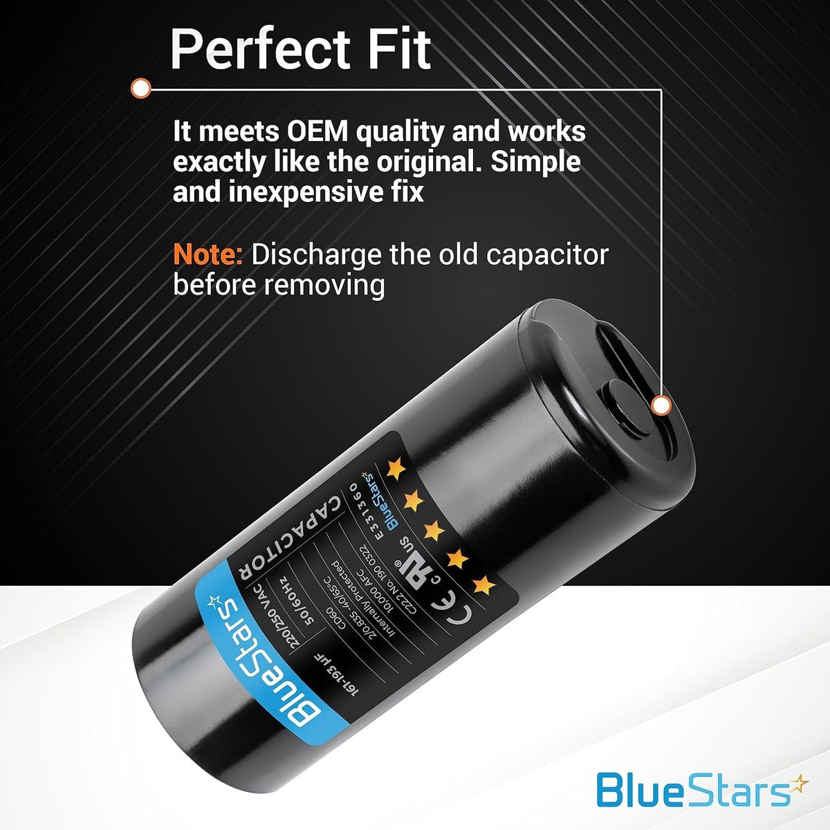 Single 161-193 uF 220-250 VAC round start capacitor for air conditioners with technical specifications label.