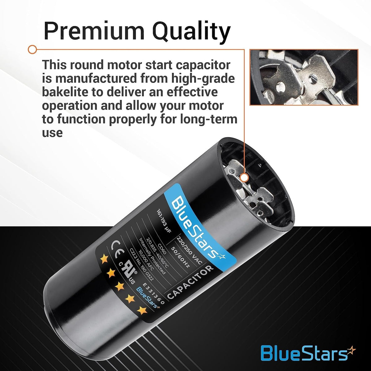 161-193 uF 220-250 VAC round start capacitor with close-up view of electrical terminals.