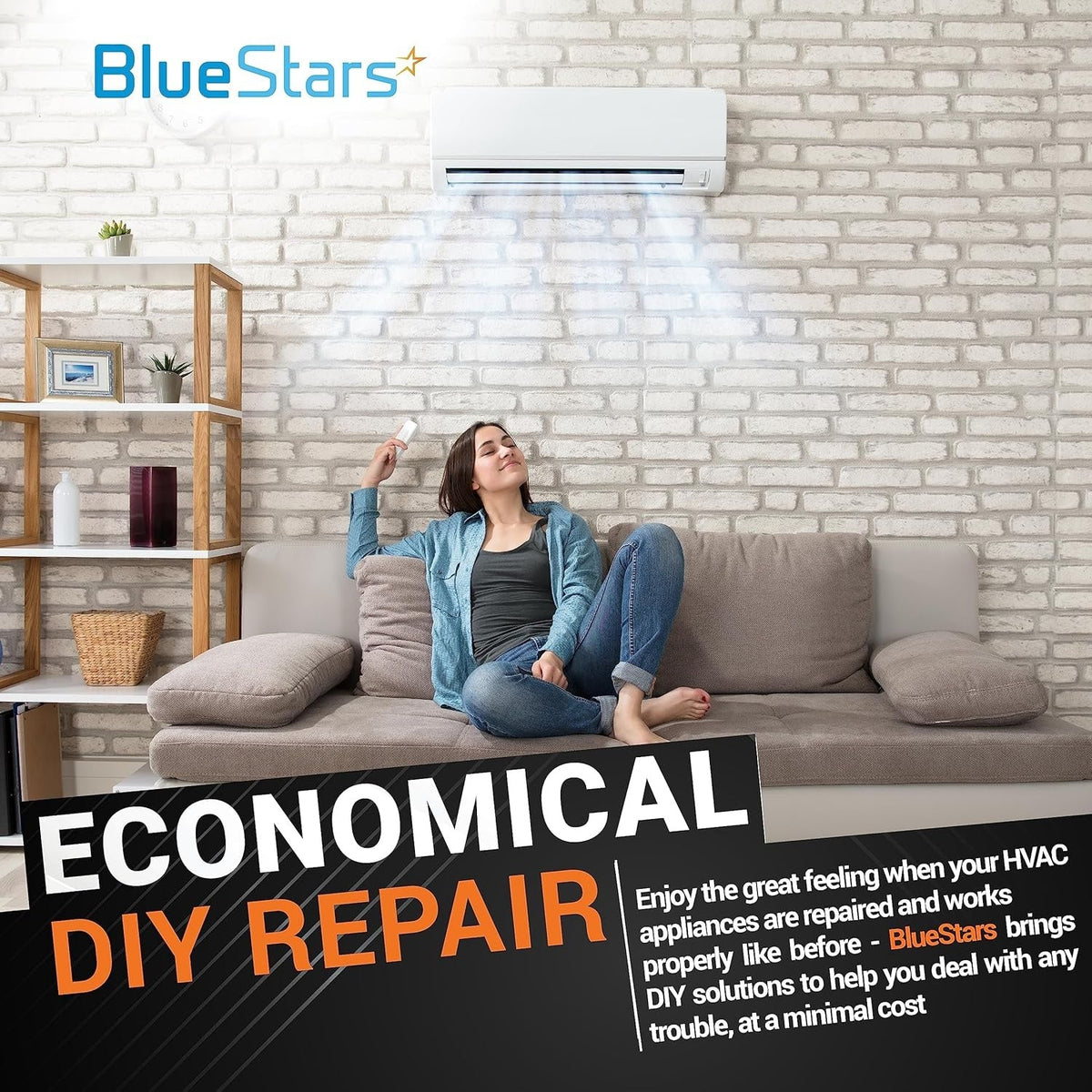 Woman relaxing in a living room with a functioning air conditioner, promoting BlueStars DIY HVAC repair solutions.