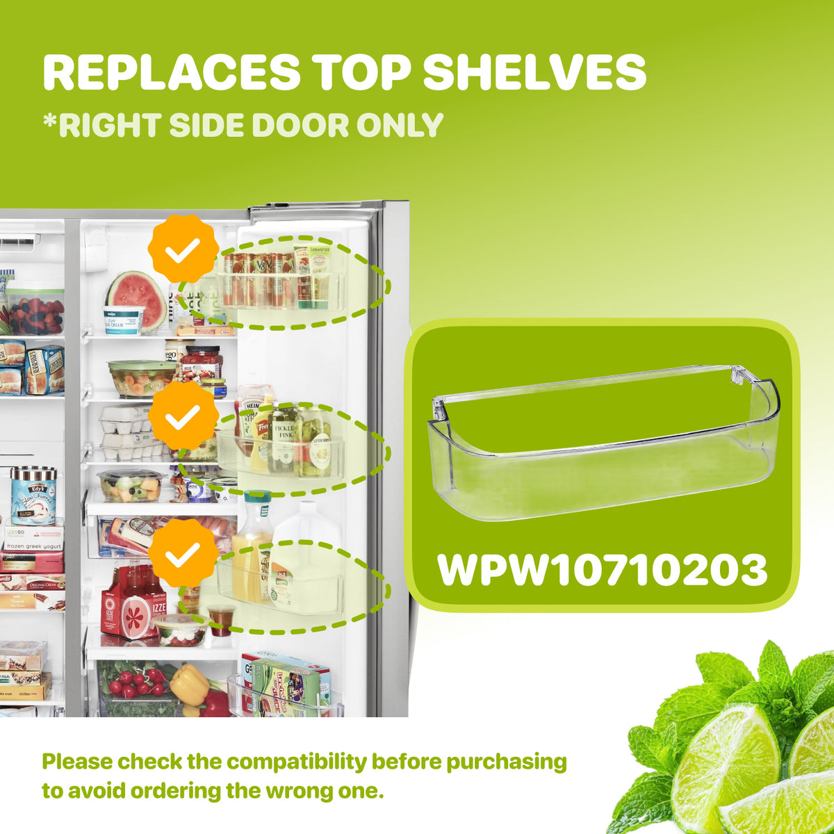 WPW10710203 Refrigerator Gallon Door Shelf Bin graphic showing right-side refrigerator door shelf placement