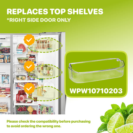 WPW10710203 Refrigerator Gallon Door Shelf Bin graphic showing right-side refrigerator door shelf placement