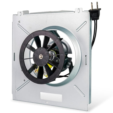 S0503B000 9x9 Bathroom Fan Motor Assembly, front view with fan wheel, motor, housing, and power cord