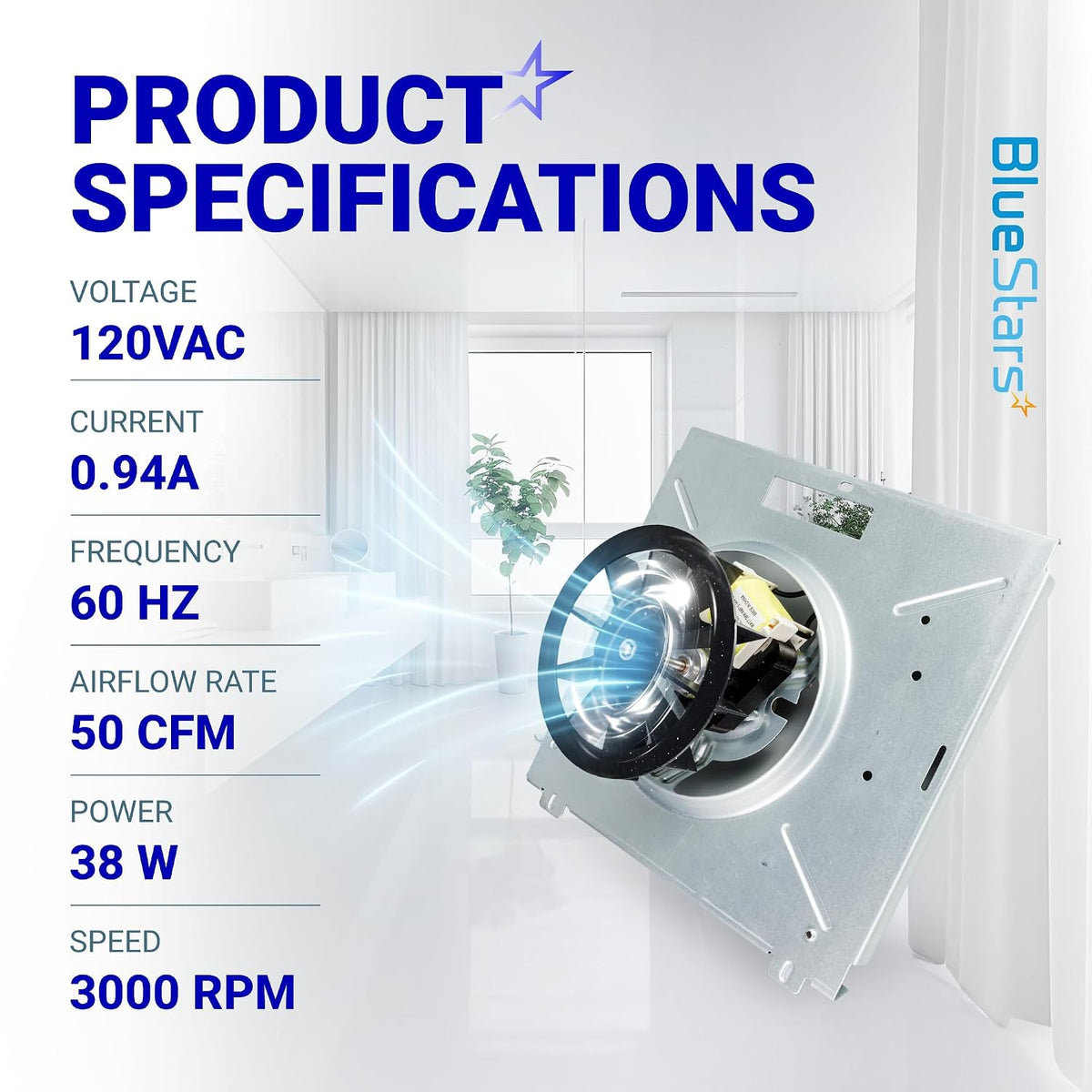 S0503B000 9x9 Bathroom Fan Motor Assembly specifications graphic: 120VAC, 0.94A, 60Hz, 50 CFM, 38W, 3000 RPM