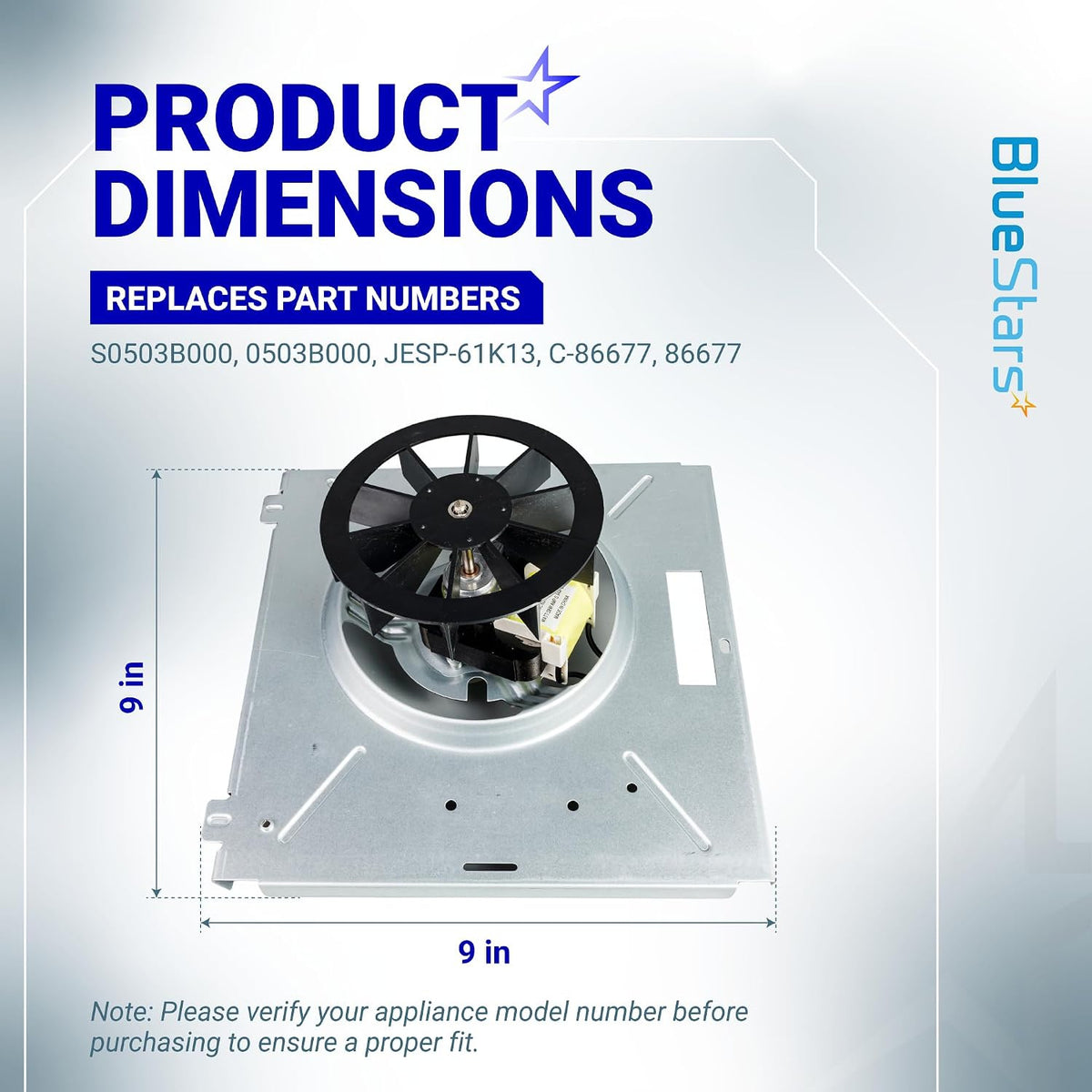 S0503B000 9x9 Bathroom Fan Motor Assembly shown with 9-inch product dimensions and replacement part numbers