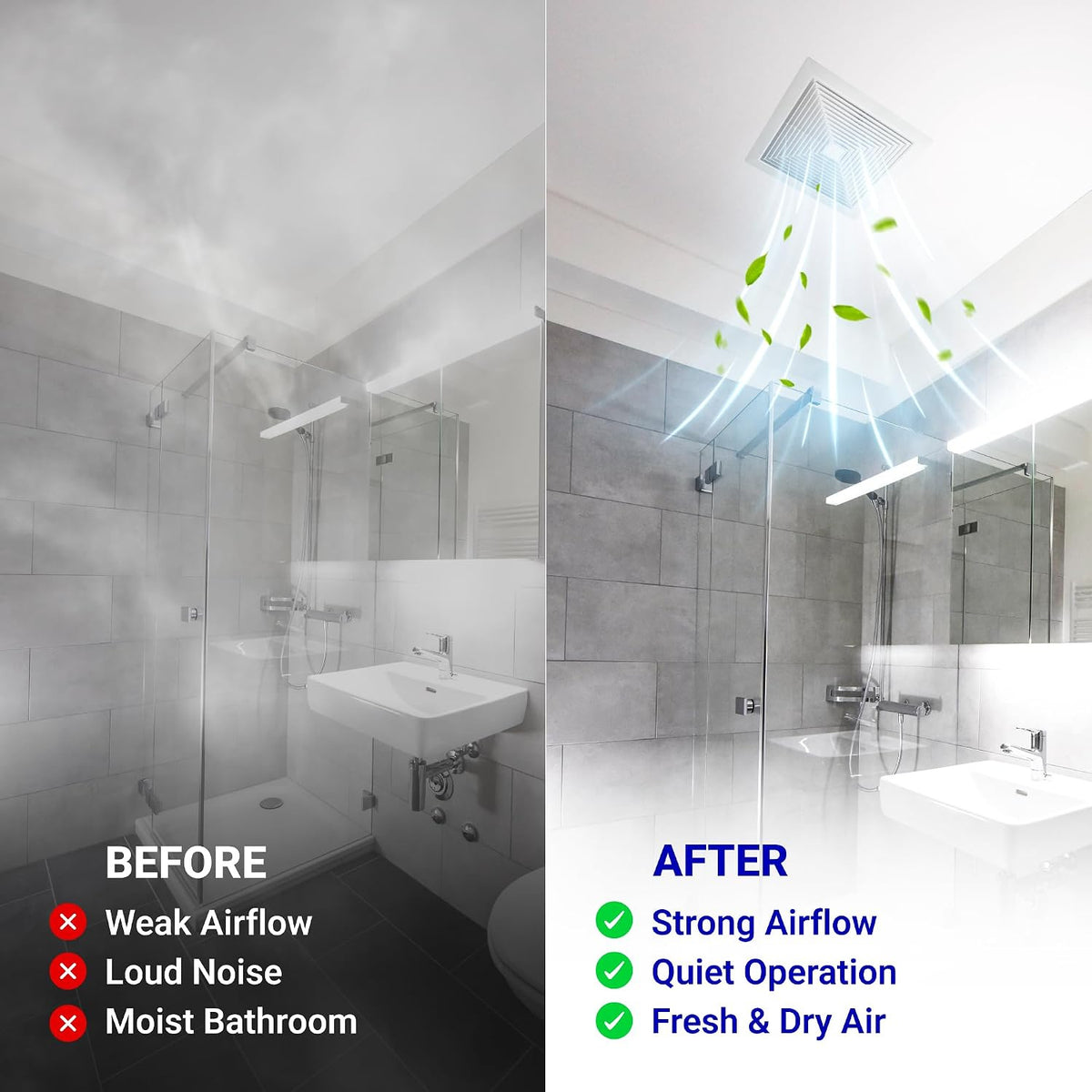 S0503B000 bathroom fan motor assembly shown in a before-and-after bathroom airflow comparison graphic