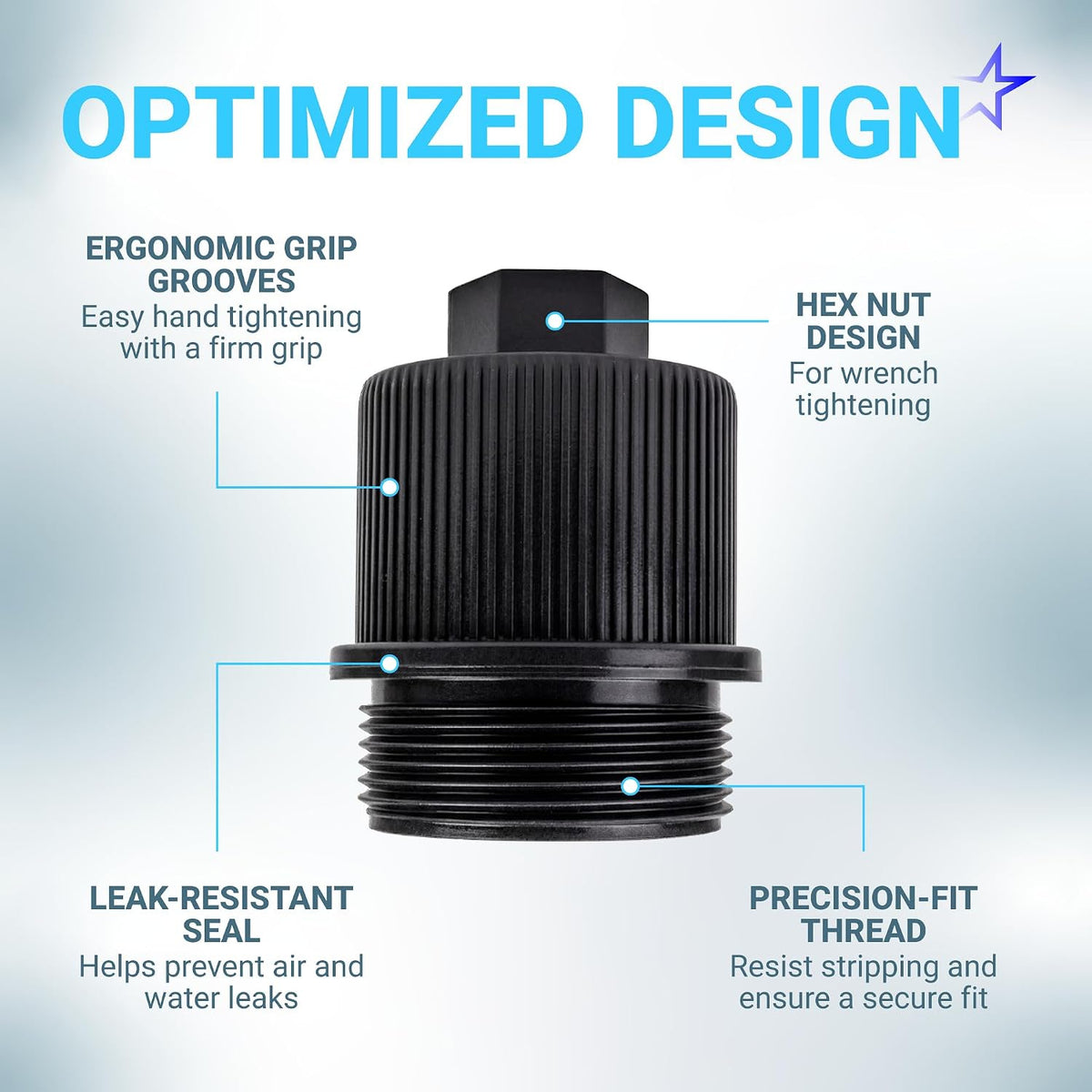 190030 Pool filter drain plug cap assembly, optimized design graphic showing grip grooves, hex nut, seal and threaded base