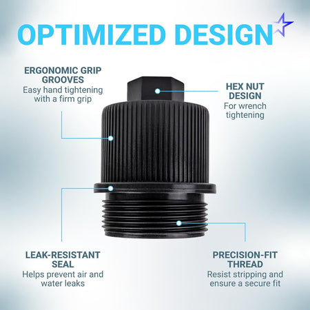 190030 Pool filter drain plug cap assembly, optimized design graphic showing grip grooves, hex nut, seal and threaded base