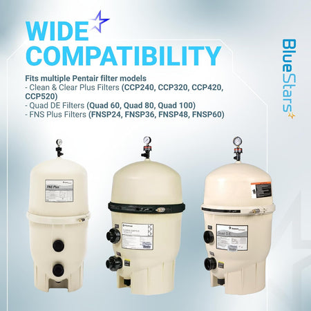 190030 Filter Drain Plug Cap Assembly compatibility graphic showing three Pentair pool filters and listed models