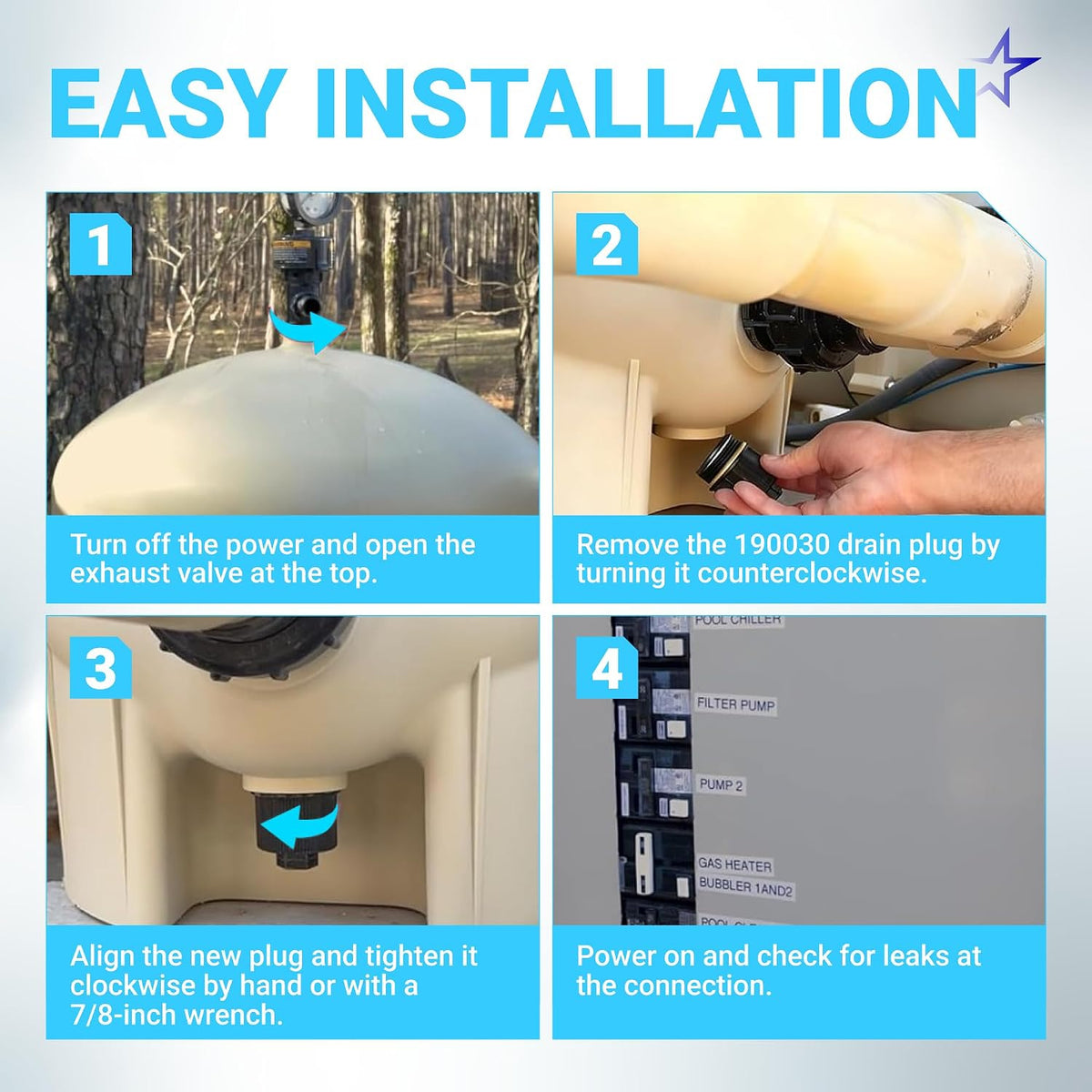 190030 Pentair filter drain plug cap assembly, four-step installation guide showing removal, tightening, and leak check