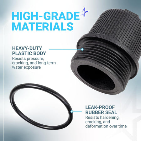 190030 Pool Filter Drain Plug Cap Assembly with O-Ring, showing a threaded black cap and separate rubber seal