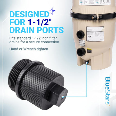 190030 Pool Filter Drain Plug Cap Assembly shown beside a filter with 1-1/2-inch drain port connection text