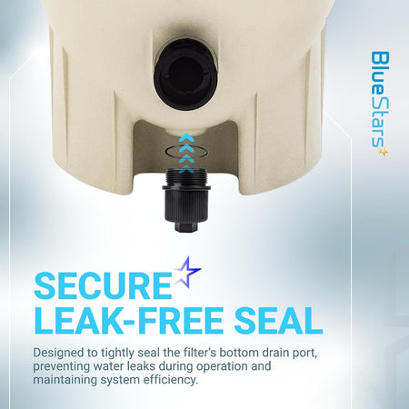 190030 pool filter drain plug cap shown beneath a filter drain port with O-ring seal graphic