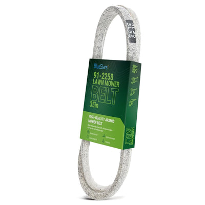 91-2258 replacement 35-inch lawn mower V-belt with branded packaging sleeve.