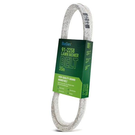 91-2258 replacement 35-inch lawn mower V-belt with branded packaging sleeve.