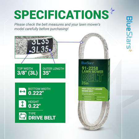 Specification chart for 91-2258 replacement lawn mower V-belt showing dimensions and technical details.