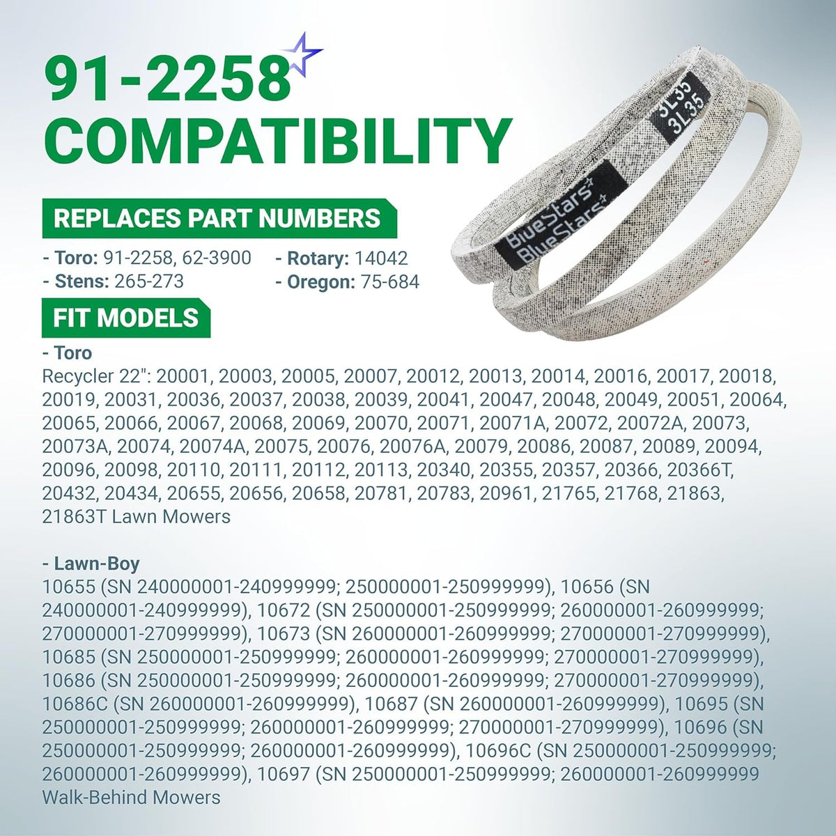 91-2258 replacement lawn mower V-belt compatibility chart for Toro and Lawn-Boy walk-behind mowers.