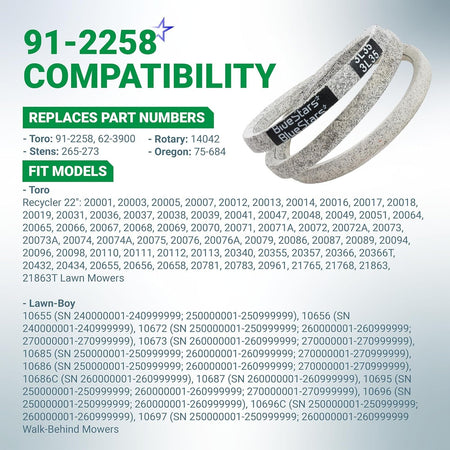 91-2258 replacement lawn mower V-belt compatibility chart for Toro and Lawn-Boy walk-behind mowers.