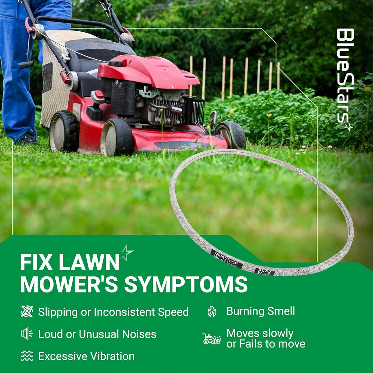 Replacement 35-inch V-belt for Toro lawn mowers shown with symptom troubleshooting guide.