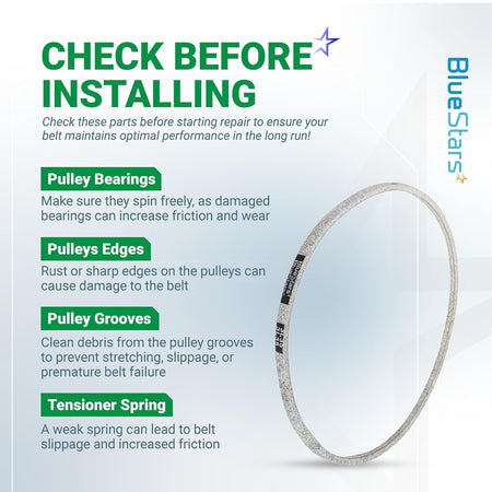 Informational graphic for 91-2258 lawn mower V-belt installation tips and pulley maintenance checklist.