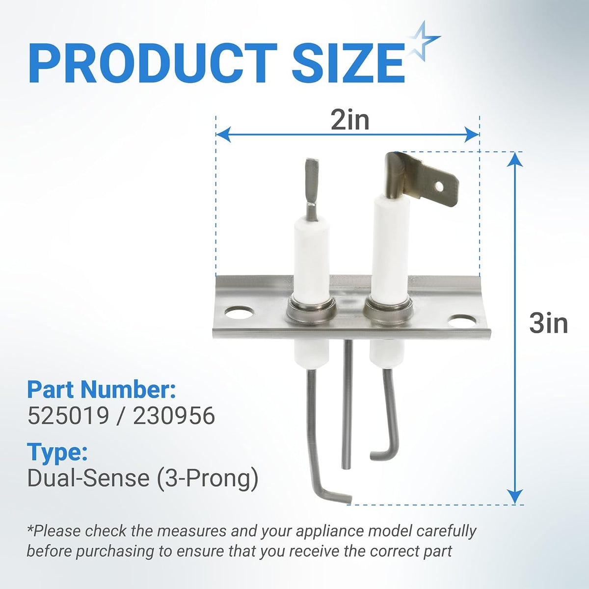 Dimensional diagram of 525019 RV furnace igniter electrode showing 2-inch by 3-inch measurements.