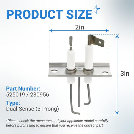 Dimensional diagram of 525019 RV furnace igniter electrode showing 2-inch by 3-inch measurements.